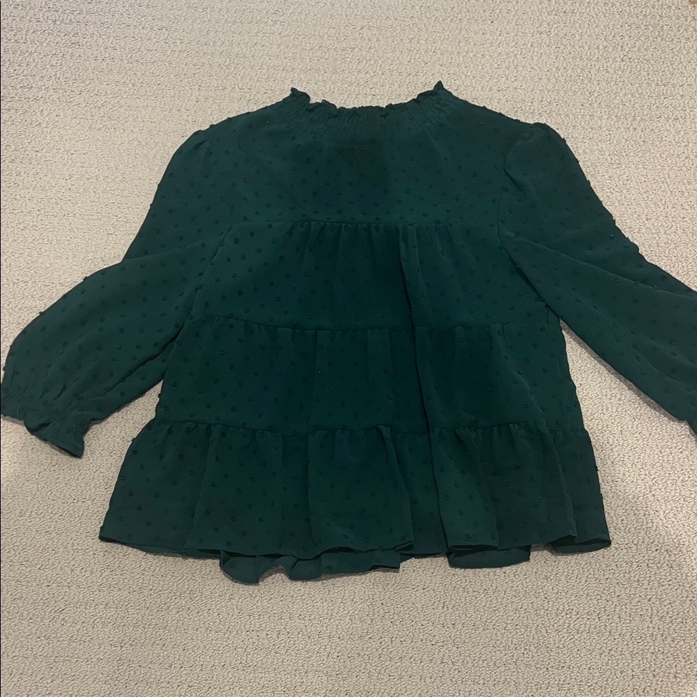 Monteau Dark Green Blouse with Ruffle Trim